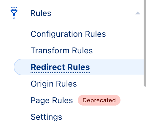 A menu displaying various rule options including "Rules," "Configuration Rules," "Transform Rules," "Redirect Rules" (highlighted), "Origin Rules," "Page Rules" (marked as Deprecated), and "Settings."